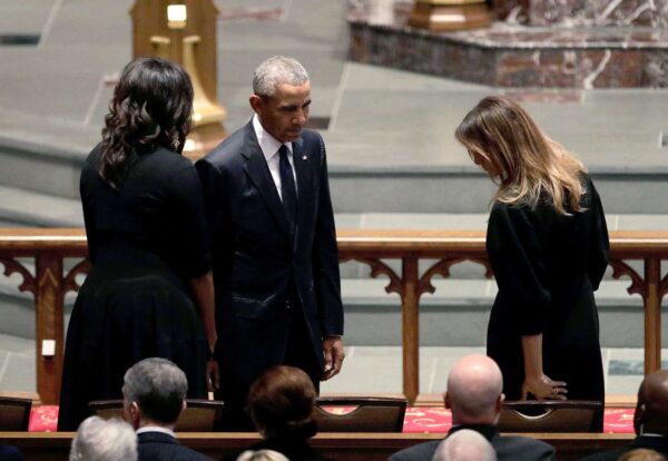 Melania Trump Largely Absent From Viral Photo of Former Presidents at Barbara Bush Funeral